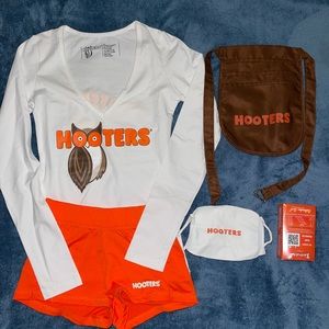 Hooters Uniform Set: XS LS White Top + XXS Orange Shorts + Tights + Pouch + Mask